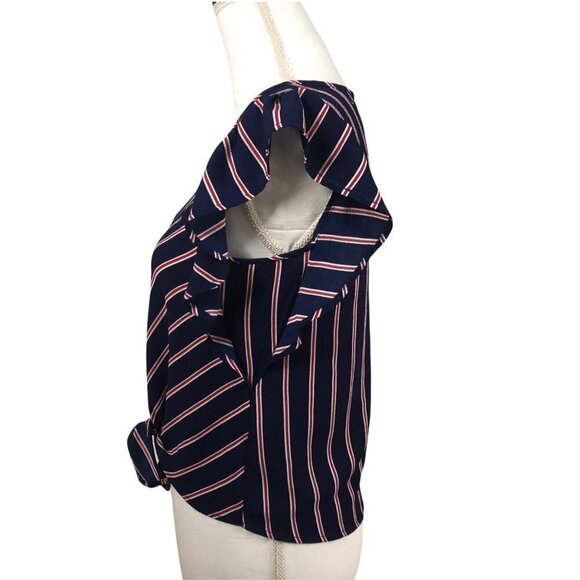 𝅺MONTEAU Striped Blue, Red & White Top with Flutter Sleeves size Small - Picture 2 of 12